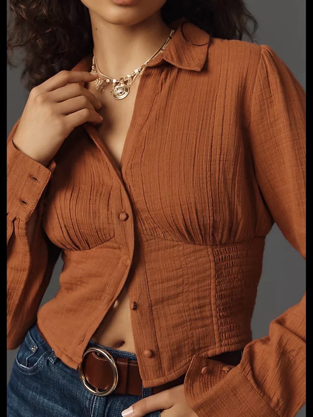 Love the Label Anthropologie Rust Orange Gauze Smocked Waist Blouse, Sz Medium